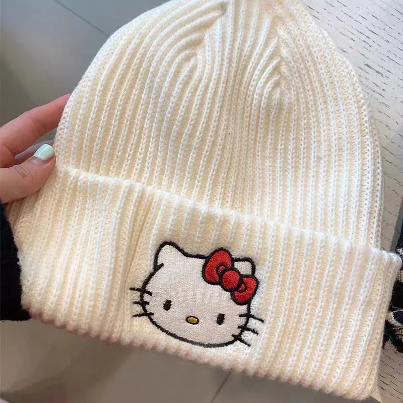 Knit hat Kawaii Hello Kitty Embroidery Knitted cap Cartoon Kt cat Wool cap Warm couple set Head hat Girls gifts