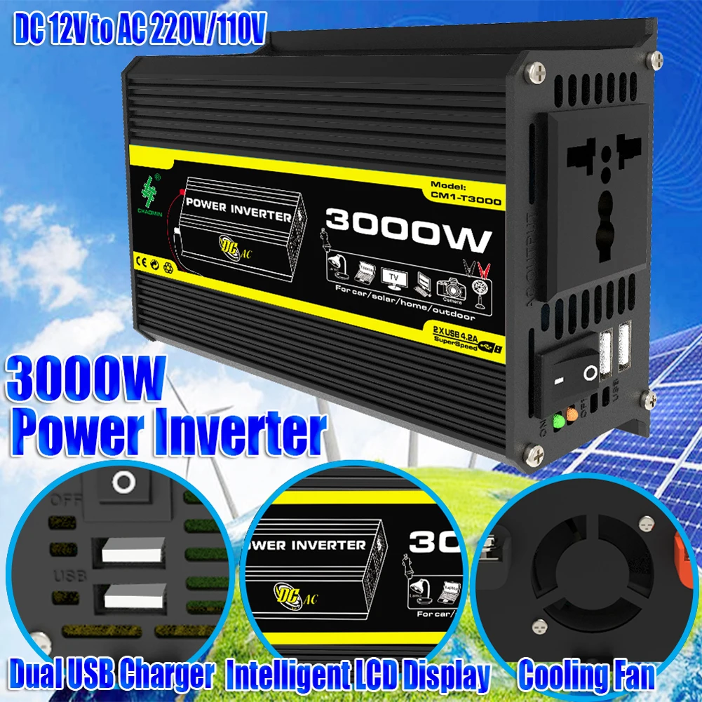 Vehicle Inverter DC 12V To AC 110/220V Power Converter Dual USB Vehicle Smart Inverter 3000W Digital Power Inverter Built-in Fuse for RV Caravan