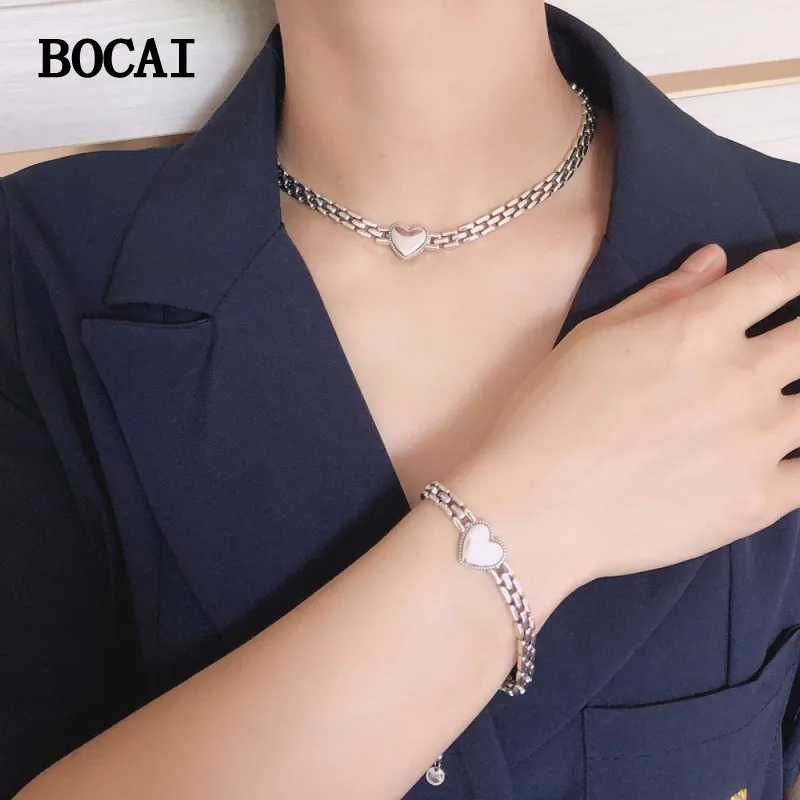 

BOCAI NEW S925 Sterling Silver Simple Stylish Personalized Glossy Heart-shaped Bracelet Collarbone Chain Female Gift