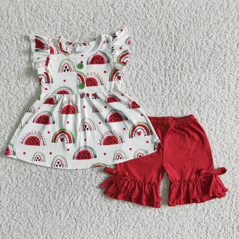 

Wholesale Summer Love Watermelon Baby Girl Boutique Set Short Sleeve Top Ruffle Red Shorts Kid Clothes Children Fashion Clothing