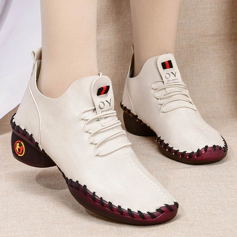 Zapatos de cuero blancos para mujer, zapatillas de tacón medio conciso, informales, cordones, diseño de puntada, primavera 2022| | - AliExpress