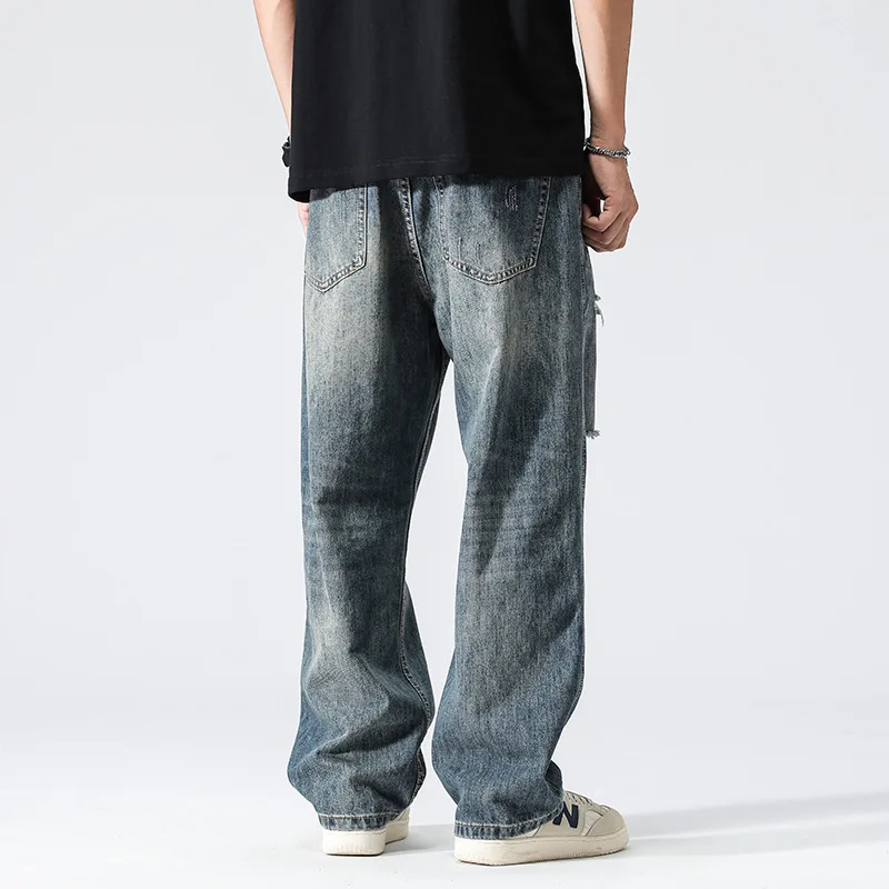 New Spring Summer 2022 Vintage Blue Ripped Pants Loose Straight Casual Wide Leg Jeans Baggy Jeans Streetwear Men