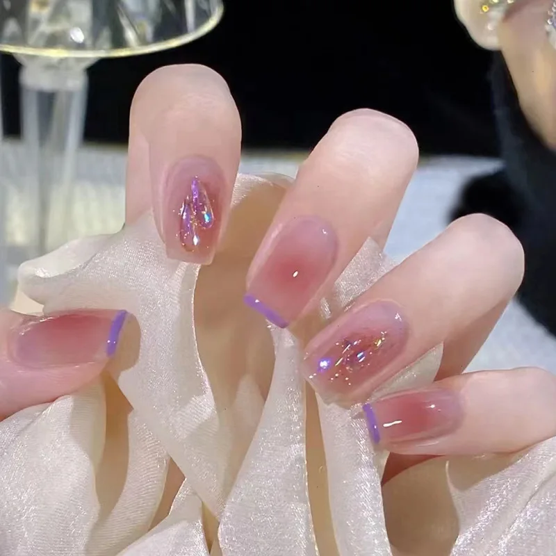 24pcs Short Pink Press On Nail Fake Nails With Glue Press On Acrylic Nails Almond With Rhinestone Design Purple Tips False Nails Aliexpress