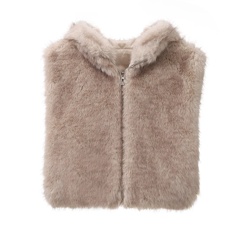 Exclusive Y3k Girls Hooded Sleeveless Faux Fur Coat Women Waistcoat Autumn Winter Gradient Fox Fur Vest Top Gilet Femme