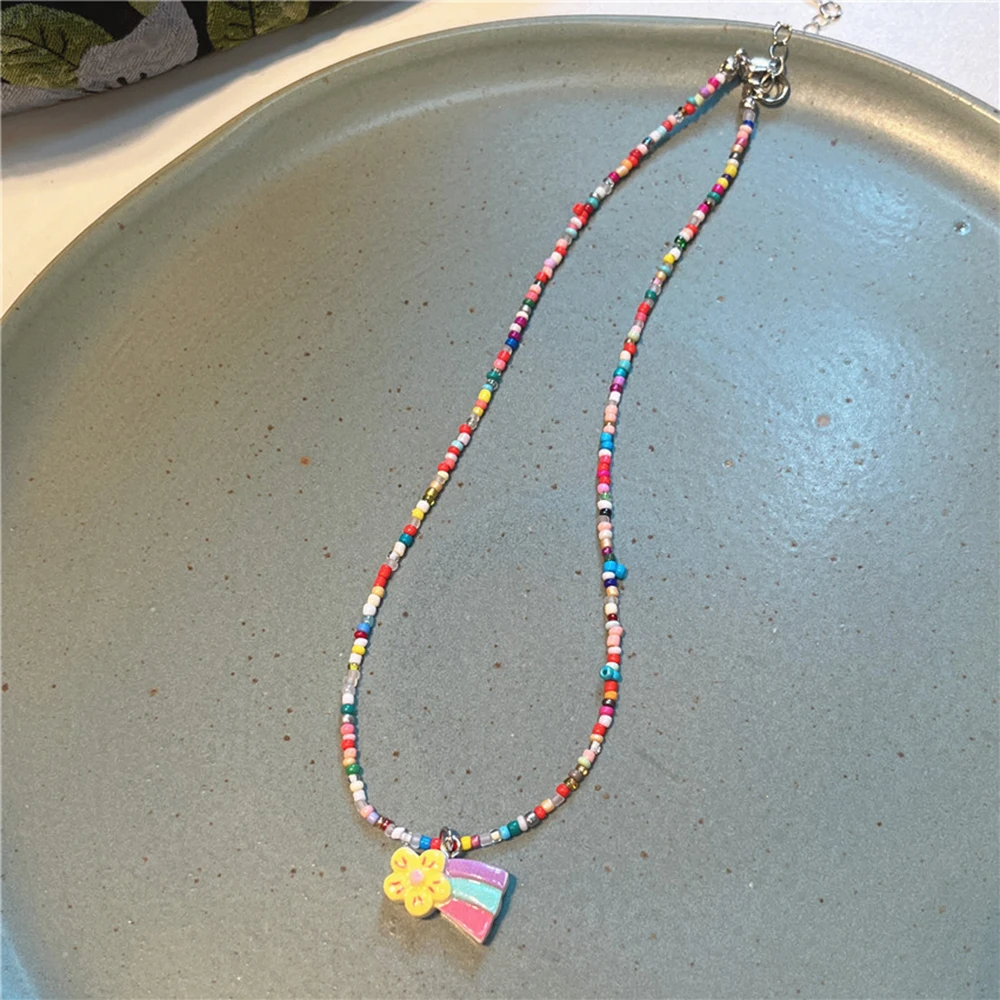 

New Korean Colorful Rainbow Flower Butterfly Pendant Necklace For Women Sweet Lovely Girls Beaded Necklace Chain Trendy Jewelry