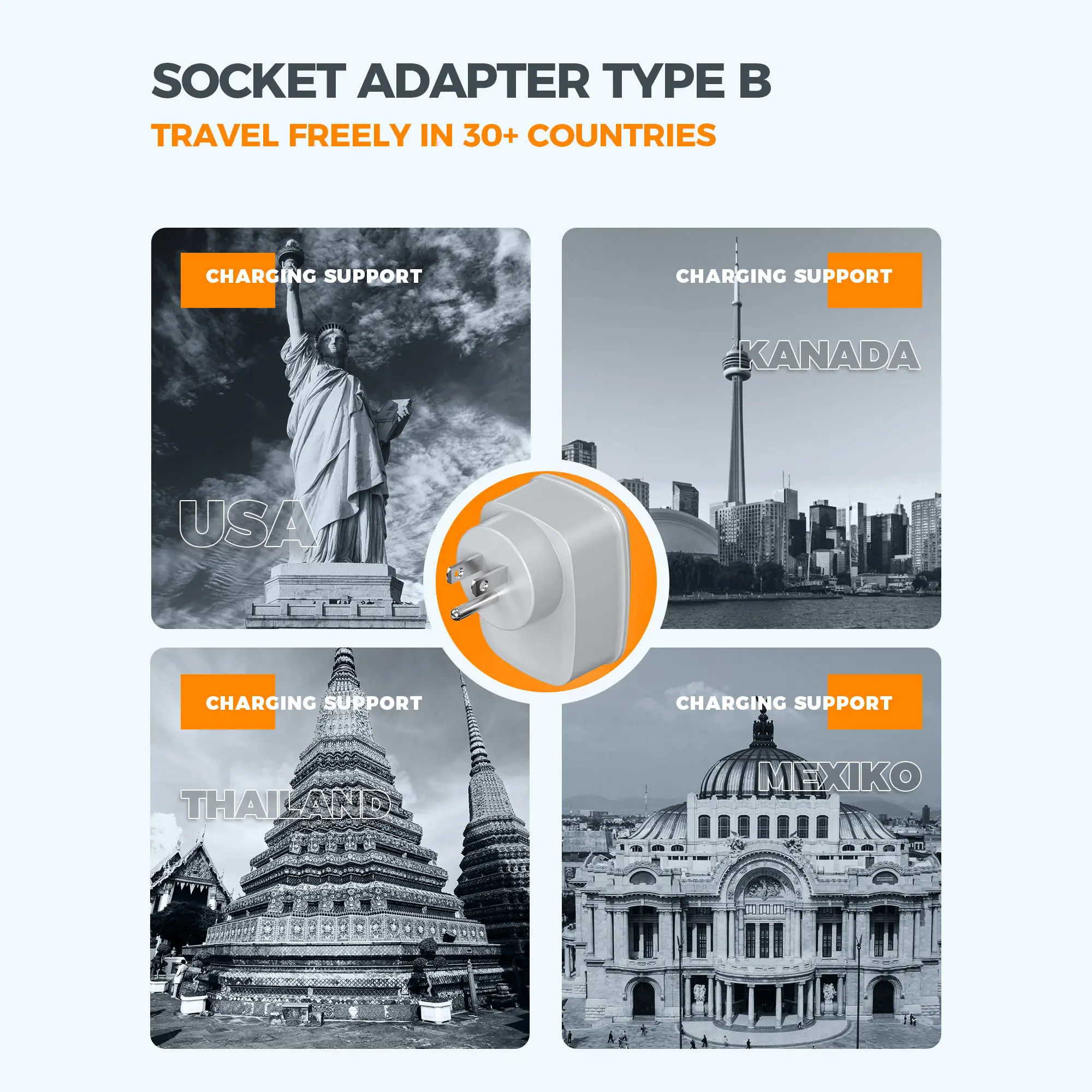 Plug Adapter Power Plug Adapter TESSAN Travel Adapter USA with 1 USB +1 Type C EU to US Adapter USA Socket Adapter for Thailand Canada Travel Plug Type B