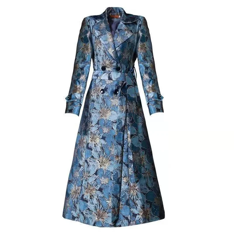 

New Autumn Trench Coats Women Double Breasted Dobby Floral Long Windbreaker Tops Slim Duster Overcoat Famale Clothing