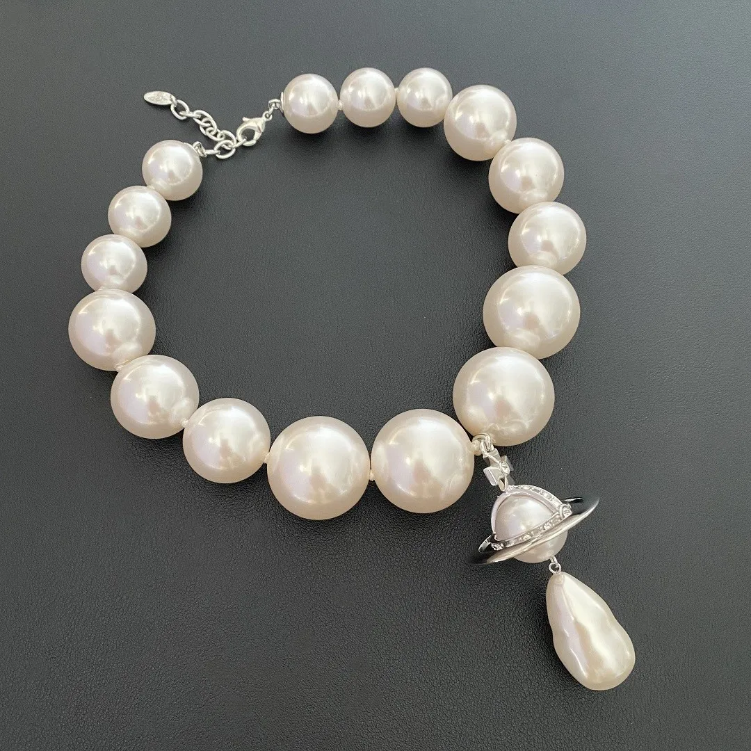 European and American oversized exaggerated pearl Saturn full zircon necklace