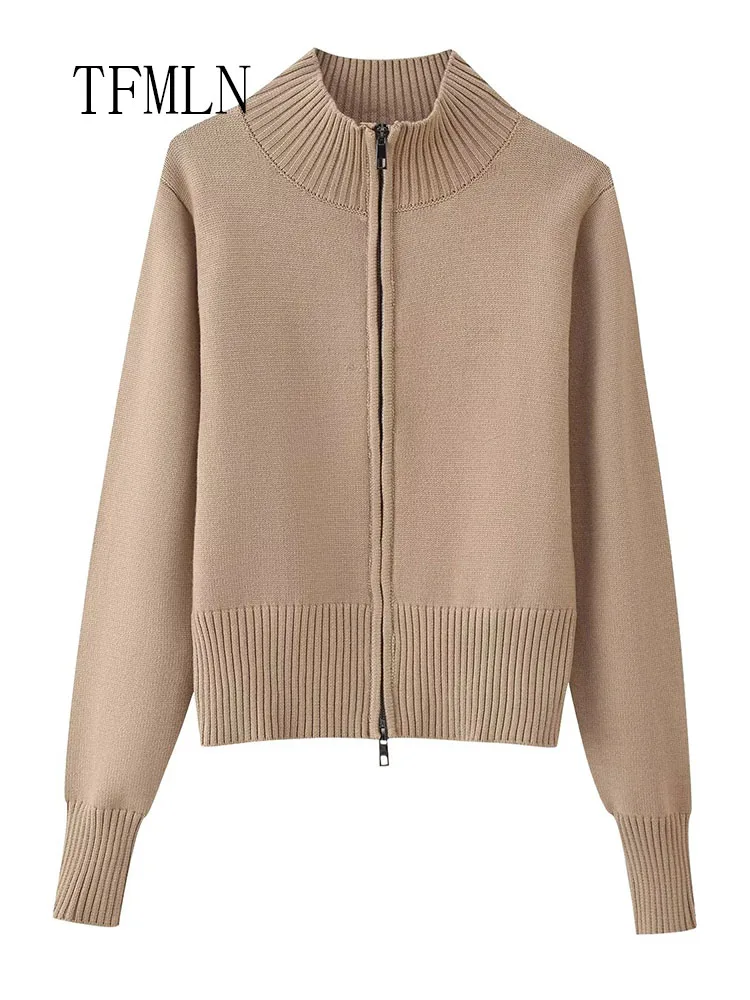 Fashion Women Causal Knitted Sweaters 2025 Autumn Elegant Stand Collar Zipper Solid Cardigan Tops Retro Ladies Knitwear Coats