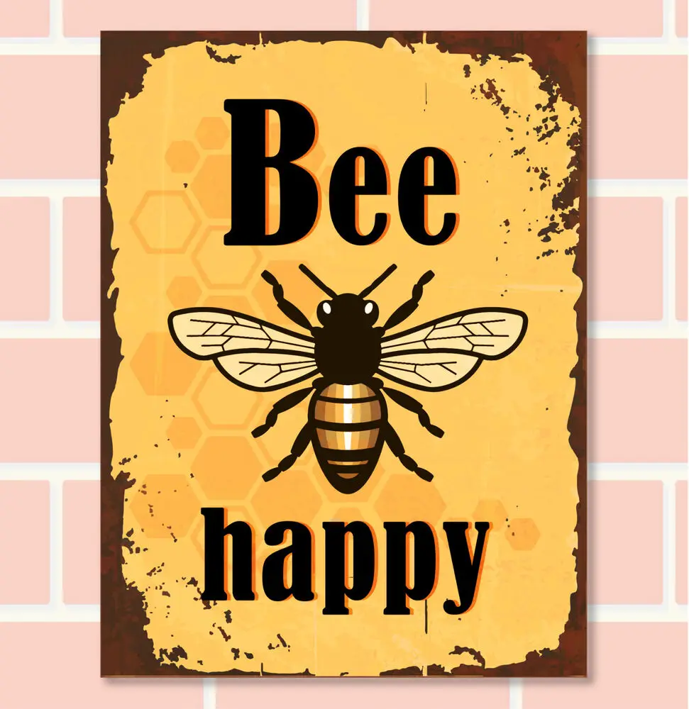 

BEE HAPPY Retro Metal Sign Man Cave Bar Pub Plaque Party Vintage Gift