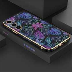 Tropical Plants Purple Leaf Shockproof Silicone Phone Cover for S22 Plus (Black-357)