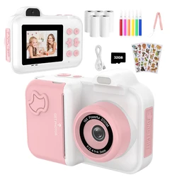 Kids' Instant Print Digital Camera - Dual Lens Photo and Video with Thermal Printing (White Pink)
