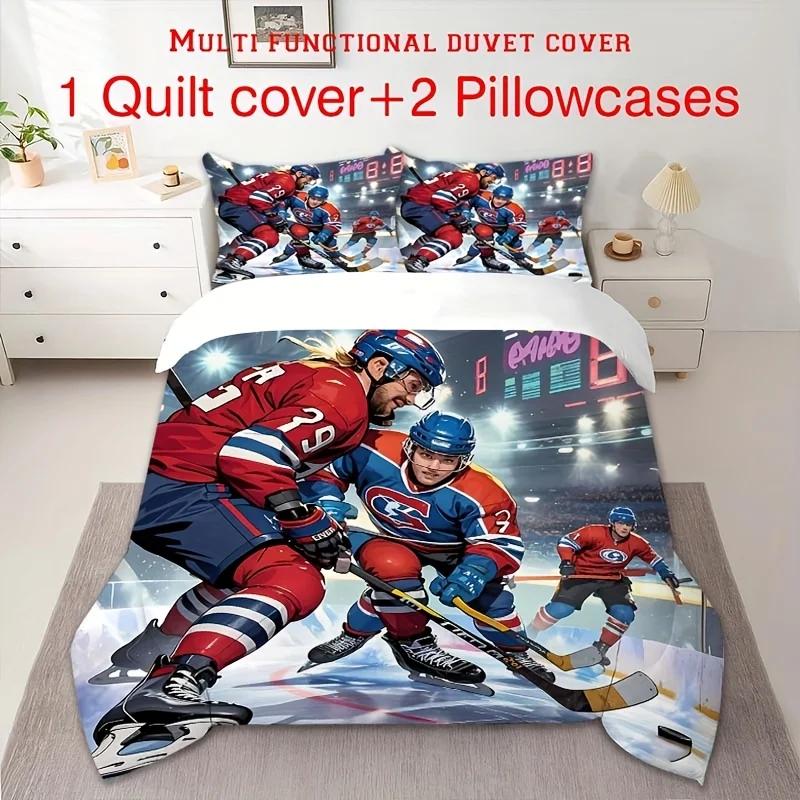 3Pcs Ice Hockey Pattern Duvet Cover Set, Zipper Closure Machine Washable Bedding with Pillowcases, All Season for Home Dorm