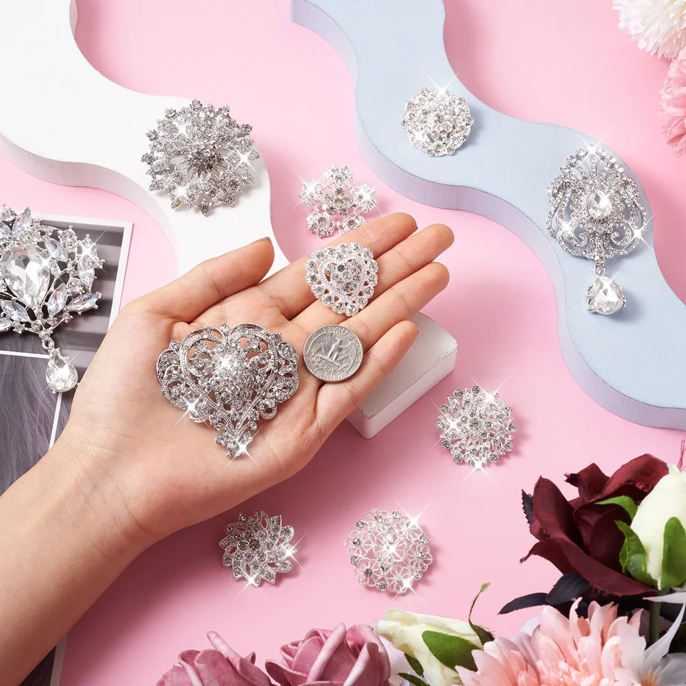 10Pcs Crystal Rhinestone Brooches Pin Set Flower & Heart & Teardrop Exquisite Alloy Lapel Pin For Women Wedding Party Decoras