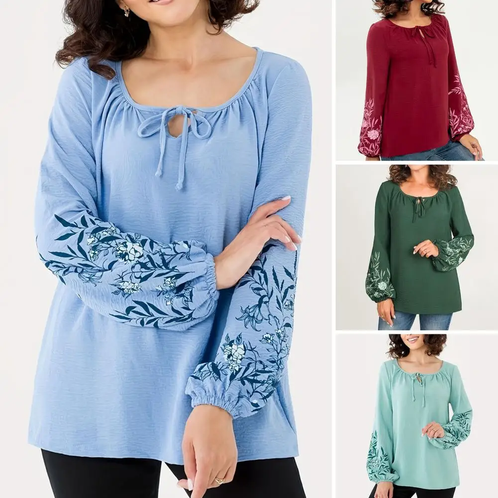

Relaxed Fit Lace-up Top Flower Print Long Sleeve Pullover Tops Women's O-neck Hollow Out Lace-up T-shirt with Loose Fit Pleated
