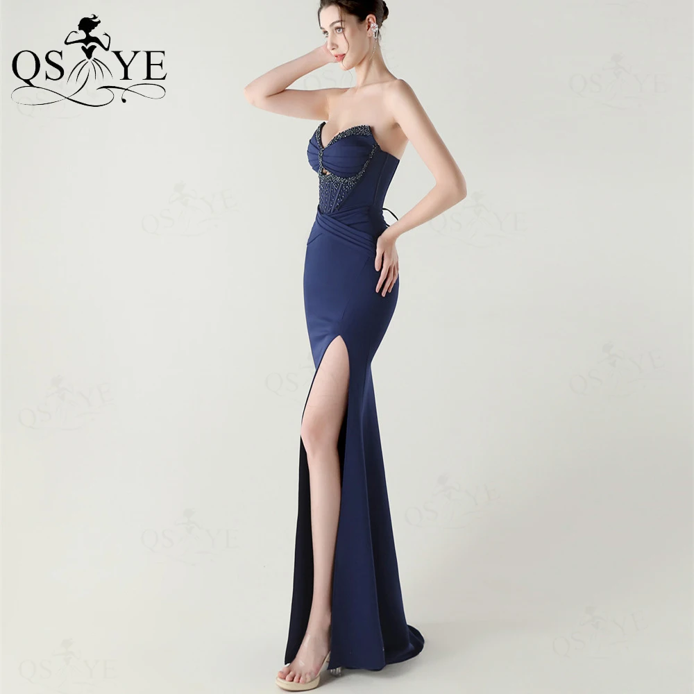 formal dresses hot Sexy Mermaid Spaghetti Straps Satin Slit Prom Dress with Hot Stone main image 0
