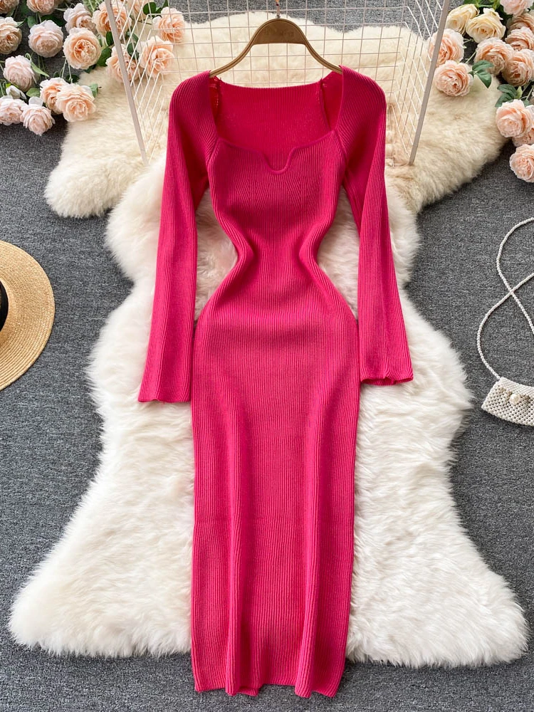 Hip 2025 Autumn Winter Square Knitting Dress Bodycon Slim