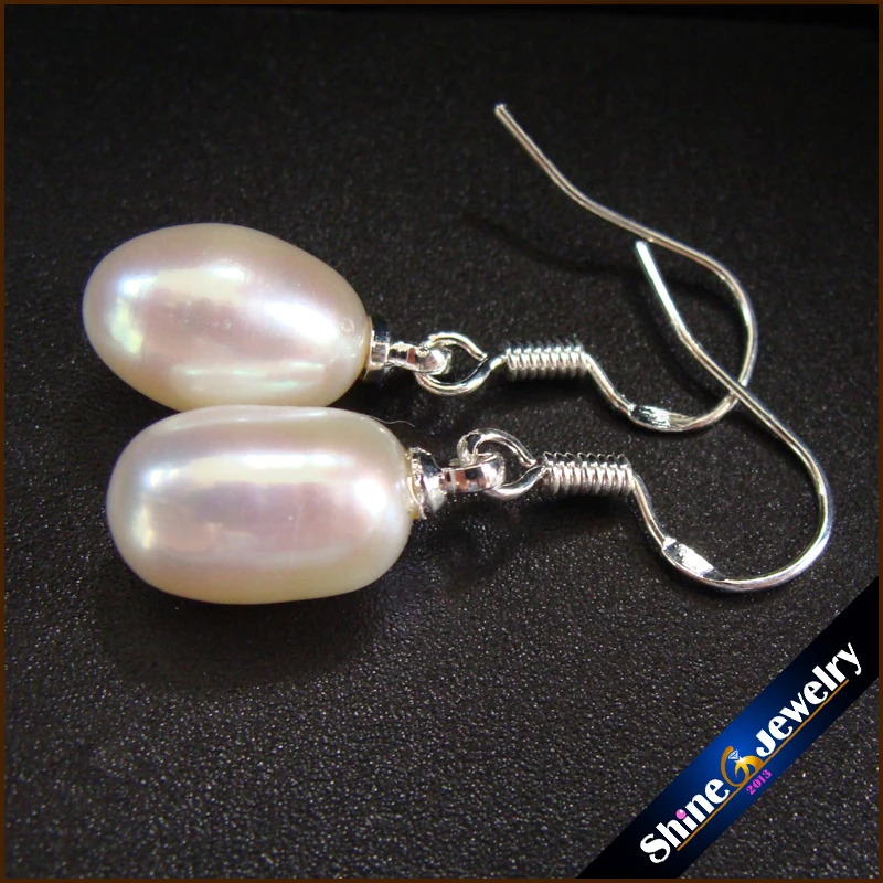 

Wholesale Women's 100% Nature White freshwater pearl Dangle Earrings 925-SterlingSilver 1Pair Wedding Jewelry Free shipping Z11