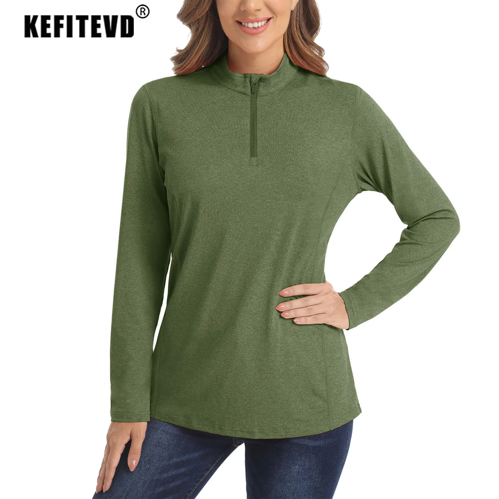 KEFITEVD Women's UPF 50+ T-Shirts Sun Protection 1/4 Zip Long Sleeve Quick Dry Shirts Sport Running Elastic Breathable Outdoor 3
