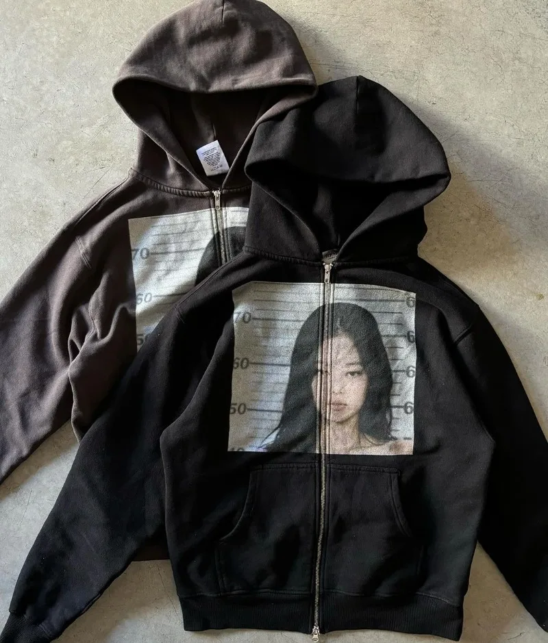 New Retro Large Print Zipper Hoodie Streetwear Men and Women
