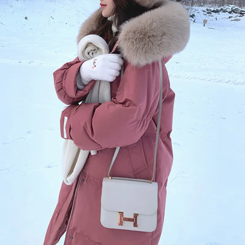 

White Duck Down Jacket Women's Big Real Fur Collar Hat Long Loose Thickened Office Lady Warm Elegant Fashion Solid Down Coat