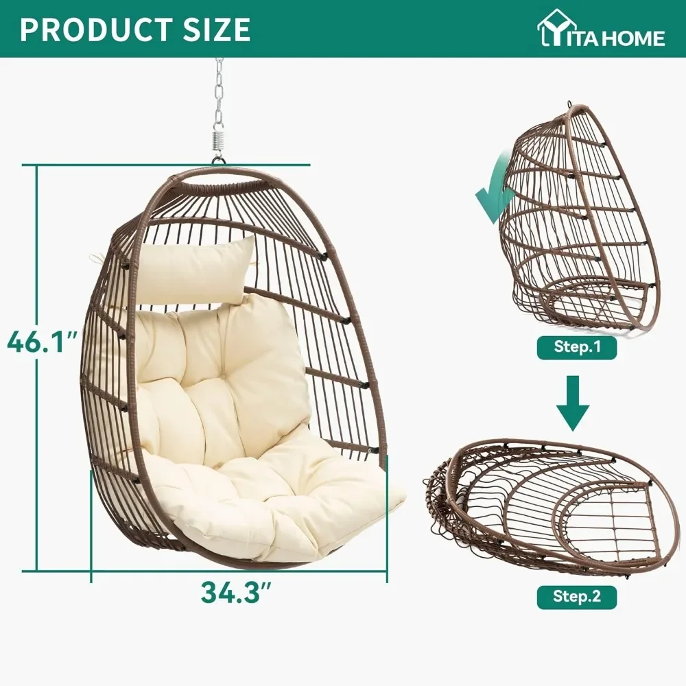 Hanging Egg Swing Chair, Outdoor Wicker Hammock Chairs Without Stand UV Resistant Cushion 350lbs for Patio, Patio Swing 6