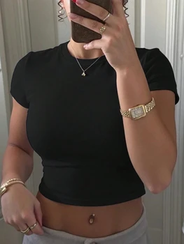 Solid Color Slim Summer Crop Yoga Y2K T-Shirt Women Soft Elasticity T Shirts Casual Sportswear Tight Woman Short Sleeves