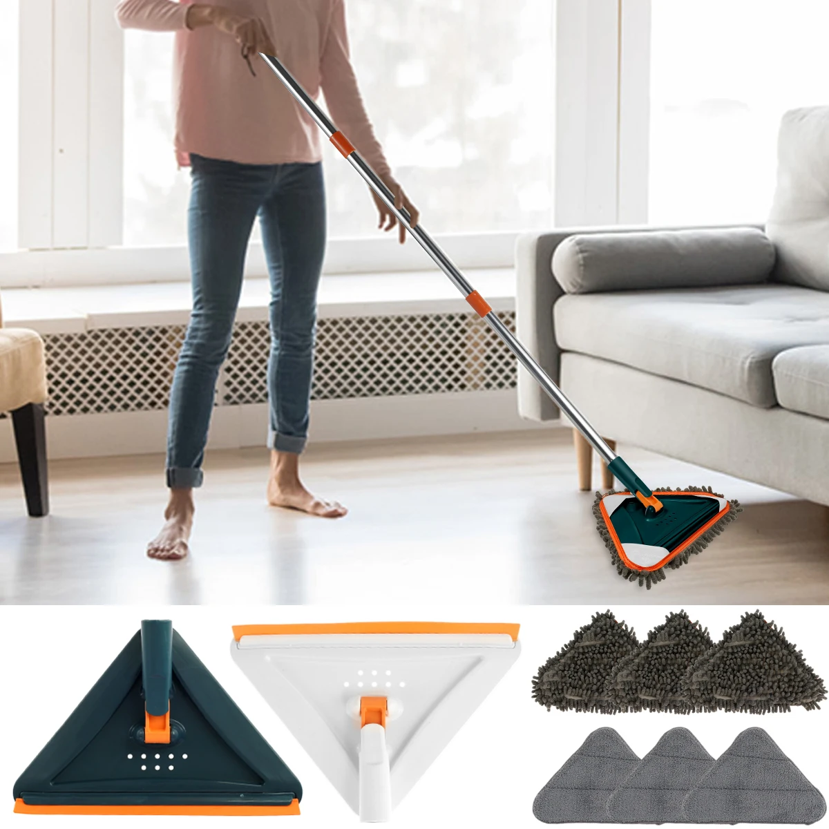 

Cleaning Mop 360° Rotatable Adjustable Length Triangular Mop Soft Super Water Absorption Dry and Wet Wall Cleaning Mop for Floor