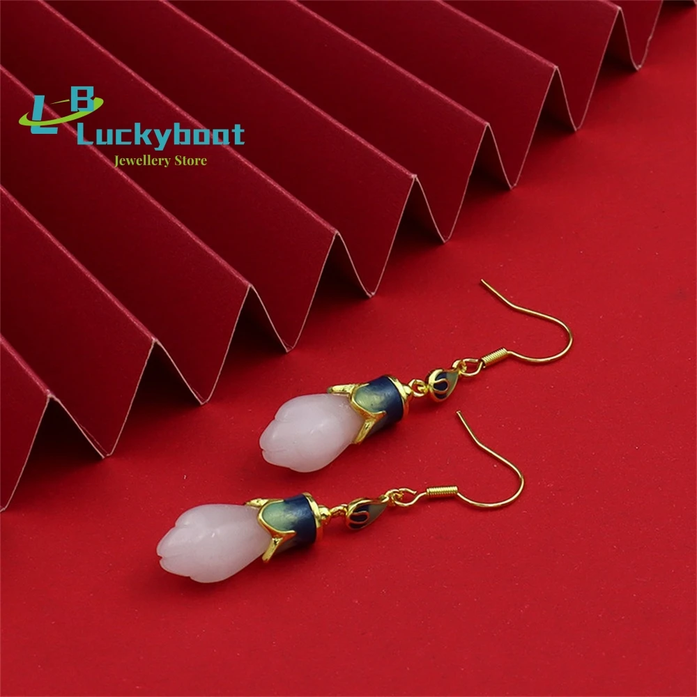 

Vintage National Style Creative Design Tulip Earrings Classical Elegant Girl's Fine Jade Chalcedony Small Group Jewelry