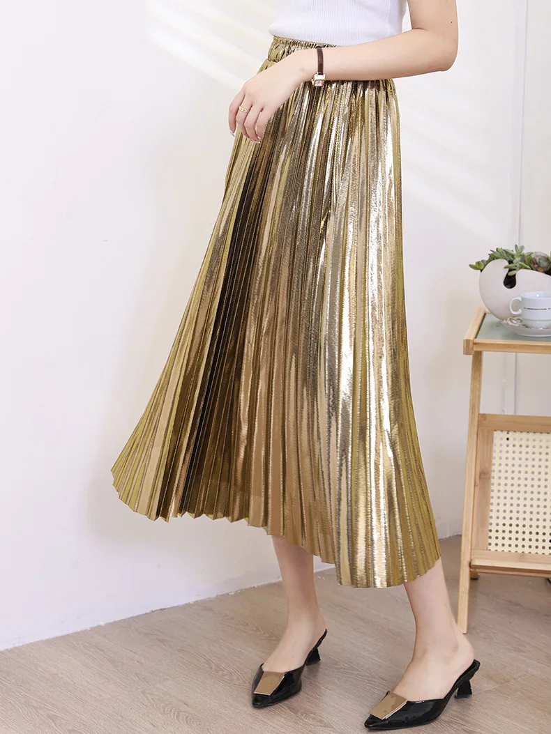 Star Shine Gold Pleated Midi Skirt