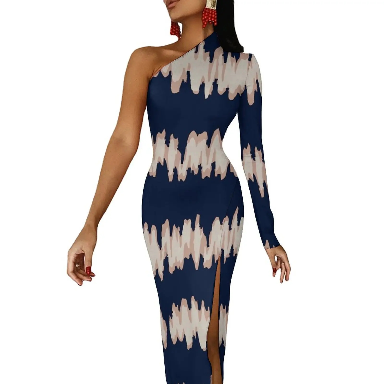 

Black Tie Dye Print Long Dress Womens Abstract Stripes Street Style Maxi Dress Autumn Bodycon Dresses High Slit Design Vestidos