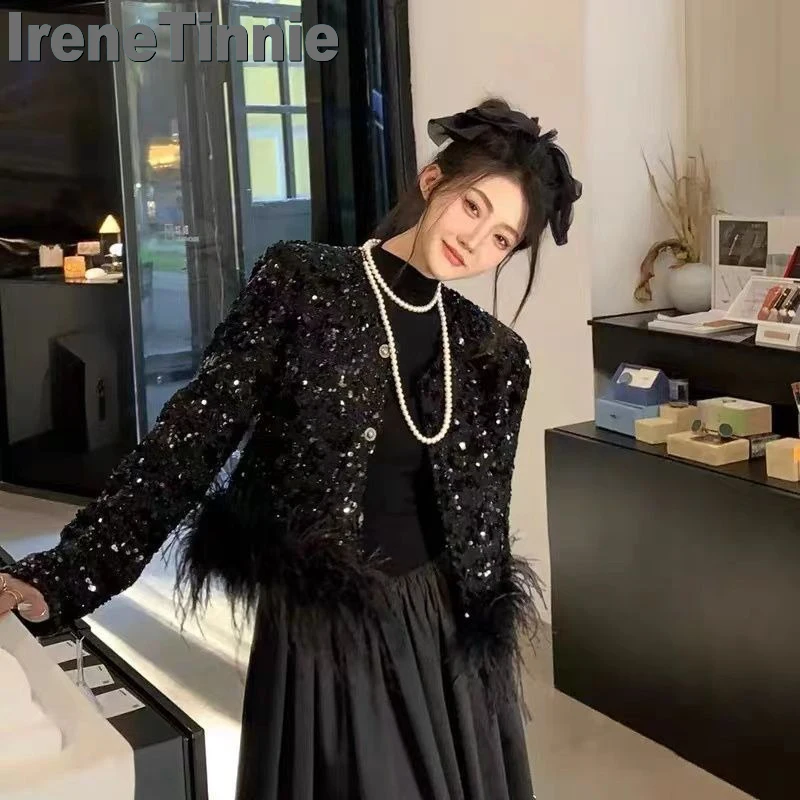 

IRENE TINNIE New Sequin Women Coat Fashion Street Wear Long Sleeve Round Neck Female Jacket Fashion Single Breasted Lady Outwear