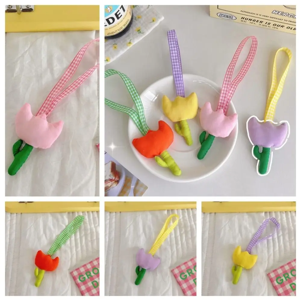 

Korean Style Flower Keychain Funny Mini Plush Stuffed Tartan Tulip Pendant Cute Soft Tulip Plush Keyring Couple