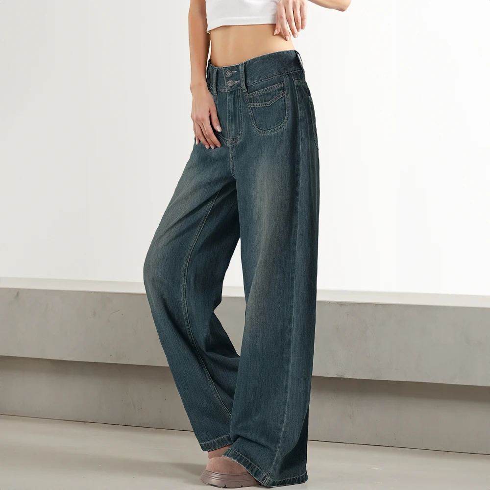 Modishion Vintage Blue High Rise Wide Leg Jeans Loose Straight Jeans Wide Leg Pants