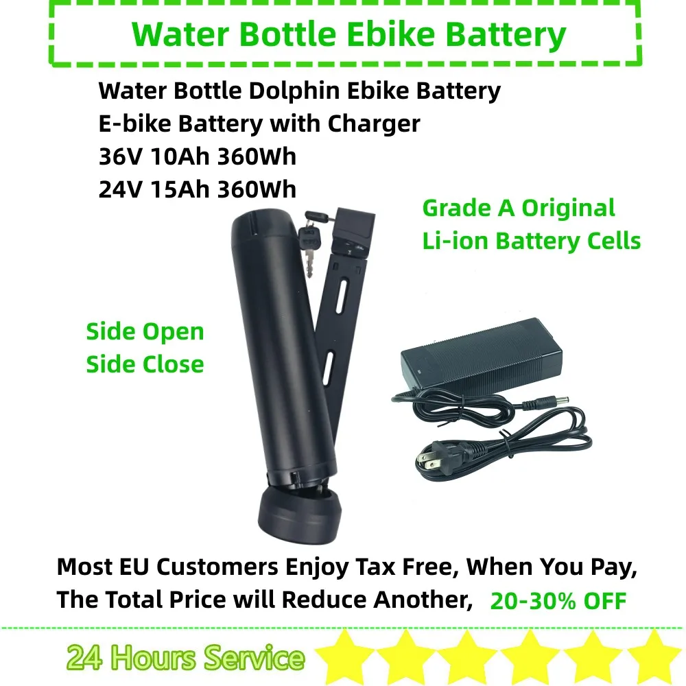Mountain City Ebike Side Open Water Bottle Ebike Battery 36V 10Ah 24V 10Ah 15Ah Down Tube Dolphin Amped Battery with Charger