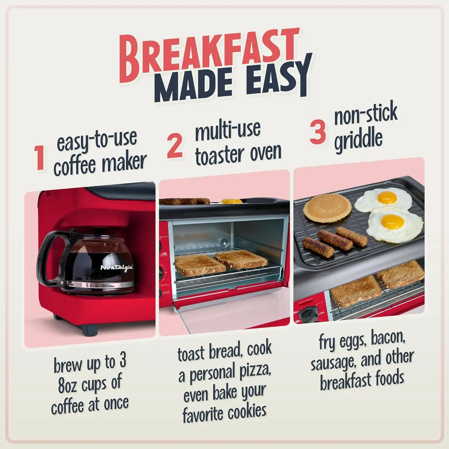 3-in-1 Breakfast Station - Includes Coffee Maker, Non-Stick Griddle, and 4-Slice Toaster Oven - Versatile Breakfast Ma 3