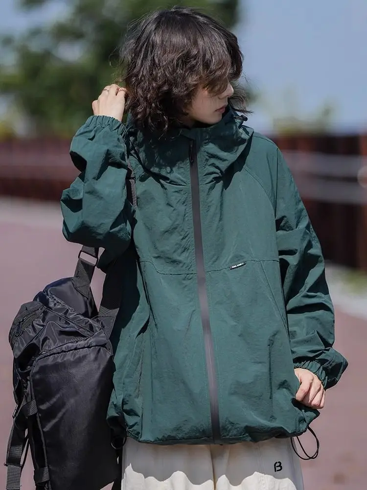 Vintage Hooded Trench Coat Outdoor Windbreaker Sweatshirt Men Women Design Sun Protection Jackets Zipper Long Sleeve Lace-ups