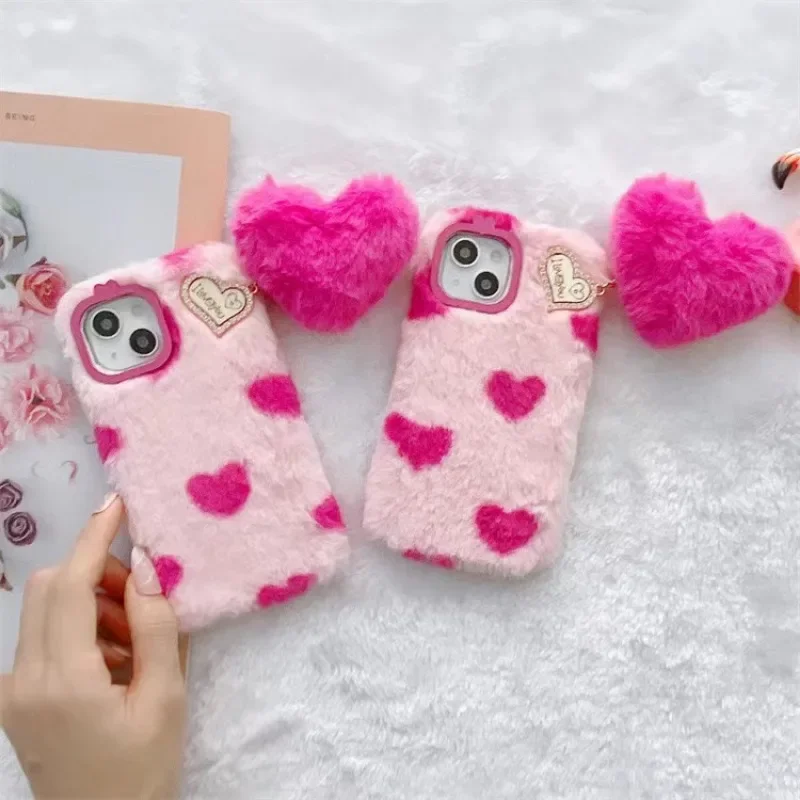 

Winter Warm Cute 3D Love Heart Hairy Plush Phone Case for Iphone 15 Pro Max Cases IPhone 11 Case 12 Soft Fluffy Back Cover Case