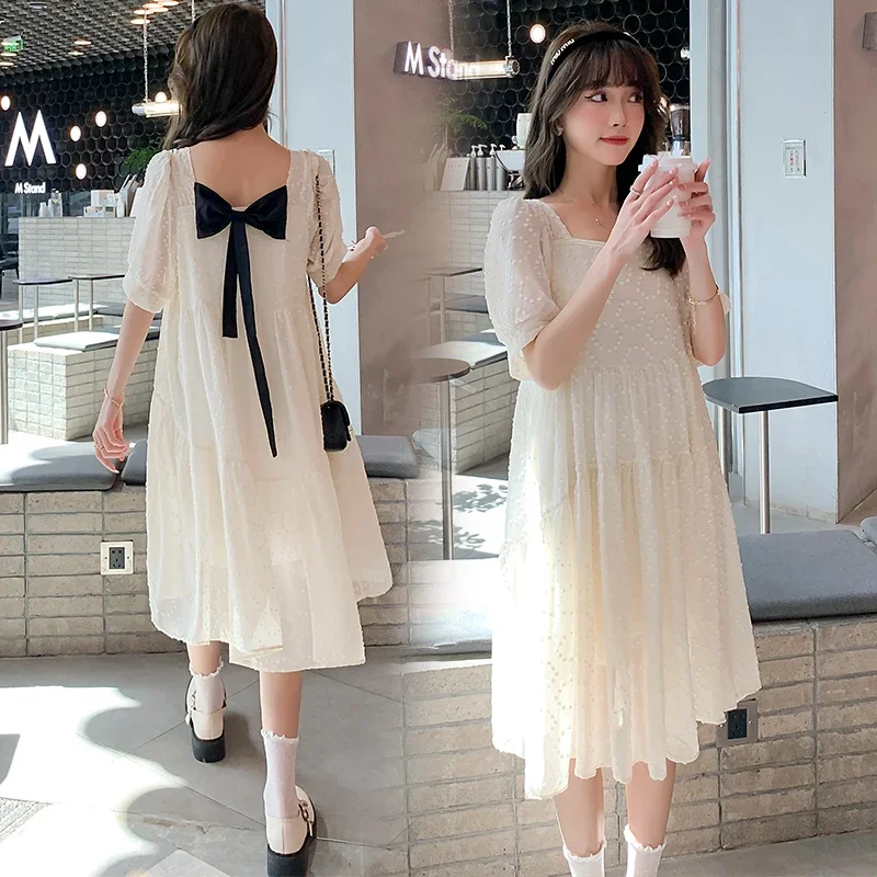 

2024 Summer Maternity Princess Dress Sweet Bow Square Collar Puff Sleeve Pregnant Women Chiffon Dresses Loose Pregnancy Clothes