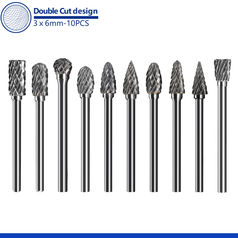 10pcs 3x6mm Carbide Burr Set Rotary File Die Grinder Bit 1/8" Shank Milling Cutter for Metal Steel Grinding Dremel Rotary Tool 3