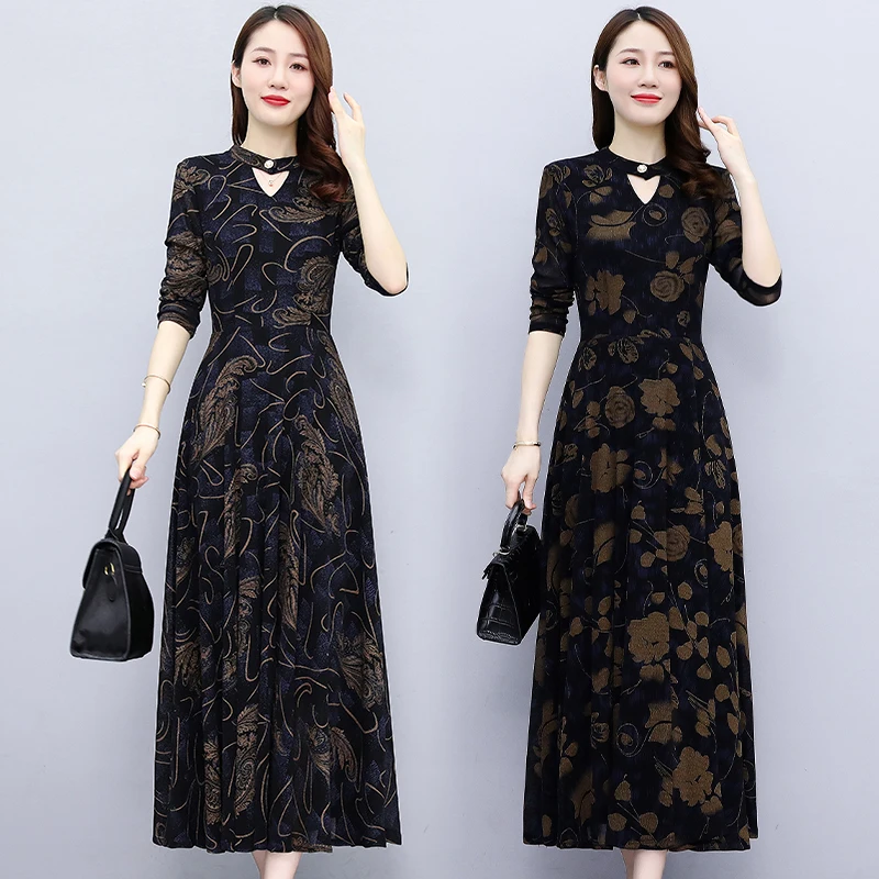 

Printed gauze long sleeve dress 2023 autumn new style big swing long temperament fairy skirt super fairy