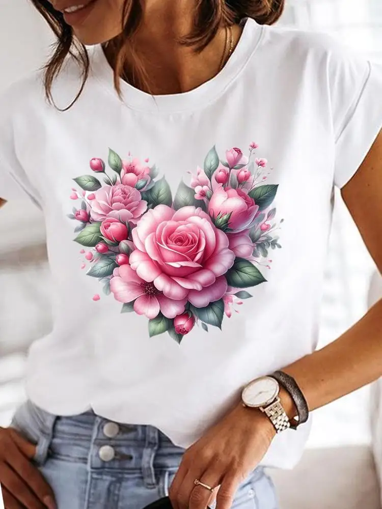 Clothes T Female Clothing For Women Graphic Tee Fashion Lady Sweet Flower 90s Casual Top O-neck Short Sleeve Print T-shirts