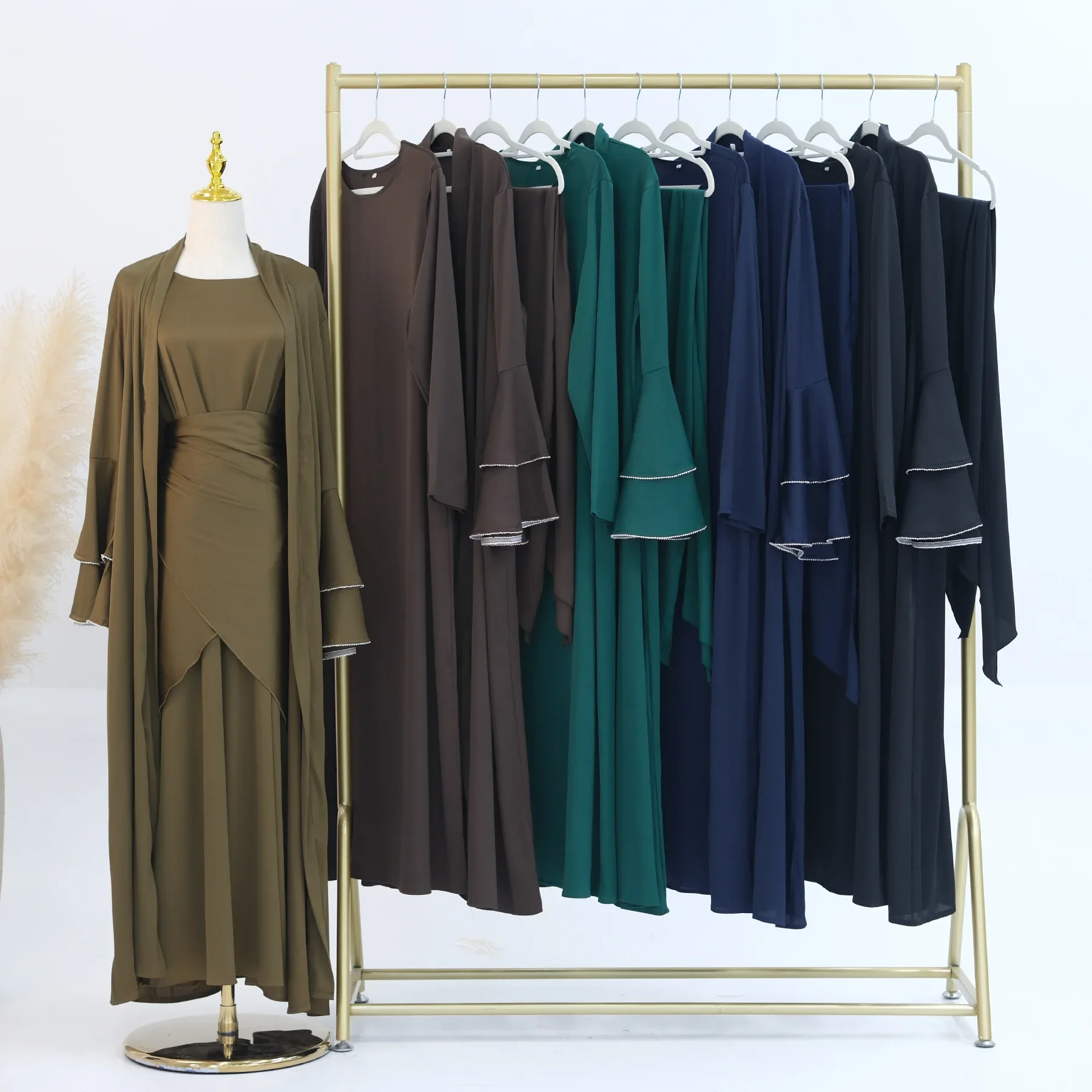 Eid 3 Piece Abaya Set Satin Kimono+Inner Dress+Wrap Skirt Matching Muslim Sets for Women Dubai Turkey Islam Hijab Outfit Kaftan