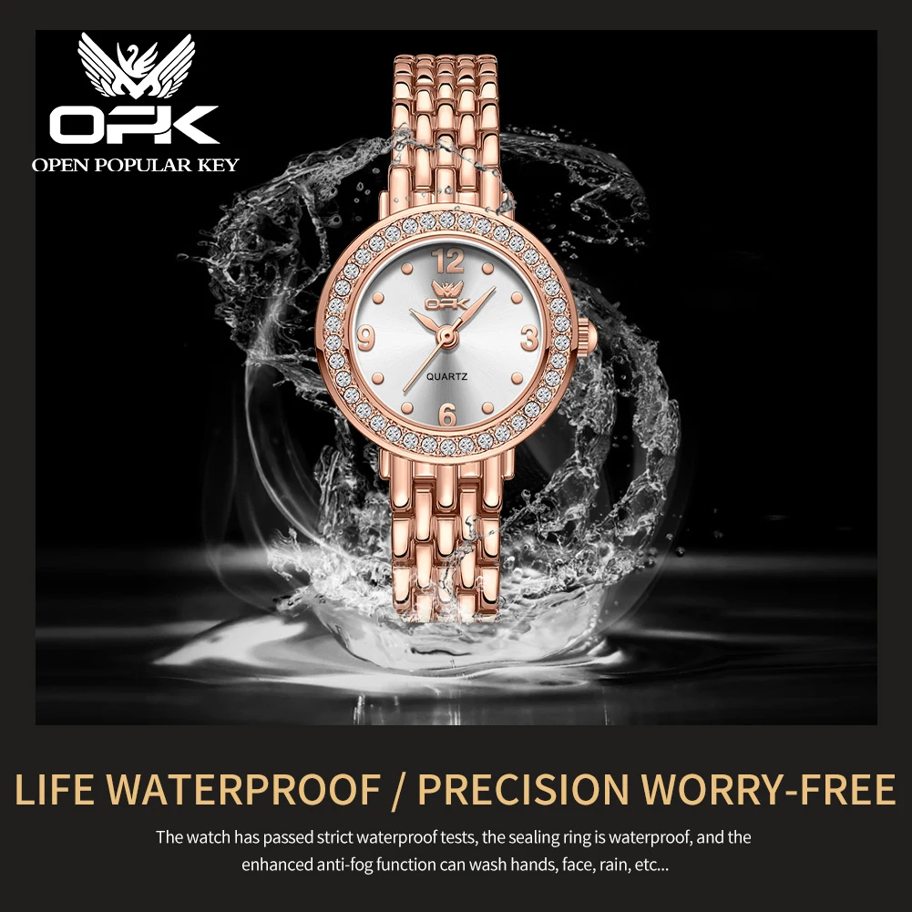 OPK brand waterproof three-pin diamond-encrusted steel belt ladies quartz watch 6009 6