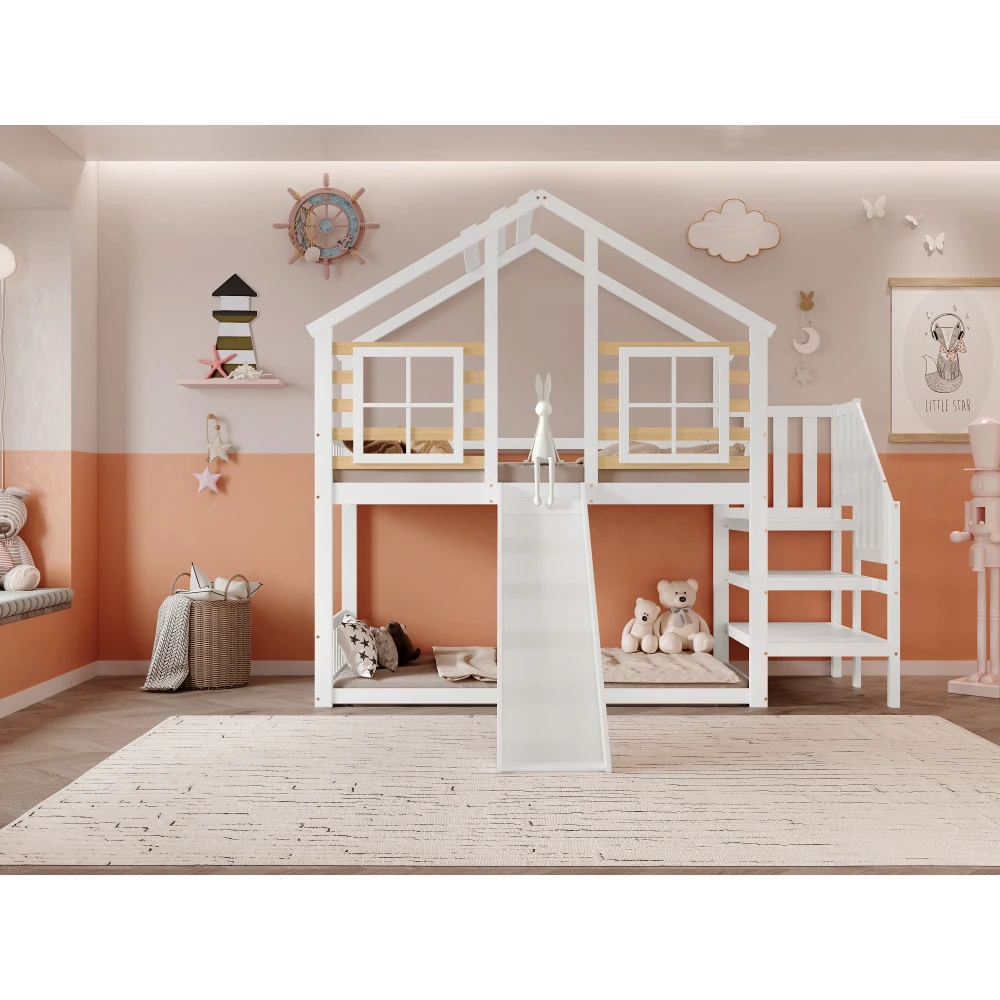 90x200cm Etagenbett, Holzbett mit Treppe und Gitter, mit Rutsche und Fenster, Holzhaus mit Absturzsicherung, Massivholzrahmen – Detail 12