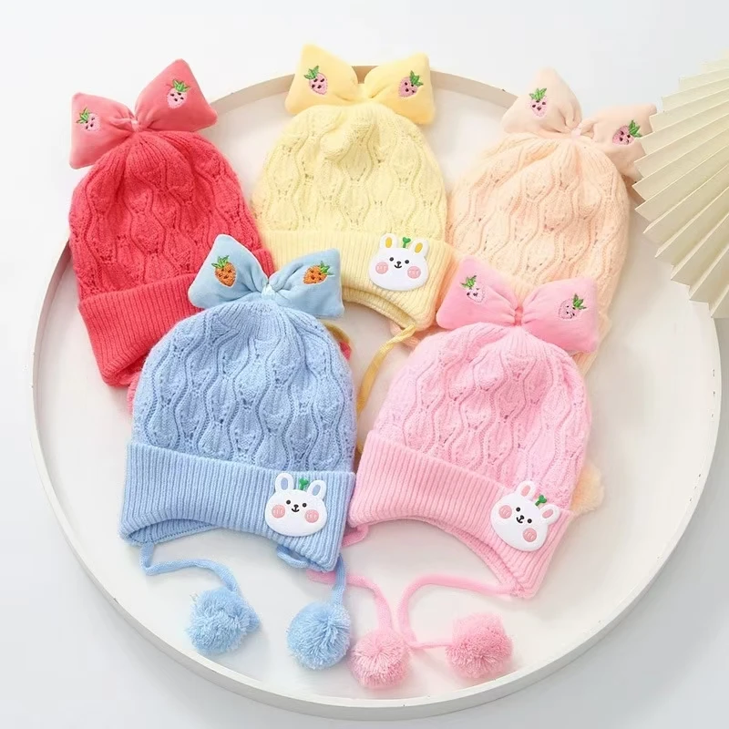 Winter Cute Warm Knitted Baby Hat Kids Ear Protection Caps with Bow Pink Cartoon Bunny Beanie Hat for Girls 0-12M