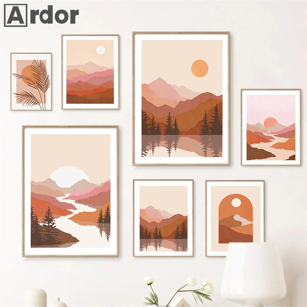 

Boho Sun Mountain Lake Tree Wall Art Canvas Painting Abstract Geometric Landscape Posters Nordic Print Picture Living Room Decor