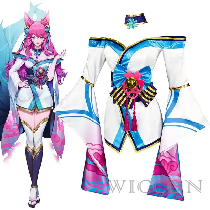 

Game LOL Ahri Cosplay Costume Dress Women Girls Sexy Halloween Role Play Wig Accessories Women Cosplay Clothes Full Suit And Wig