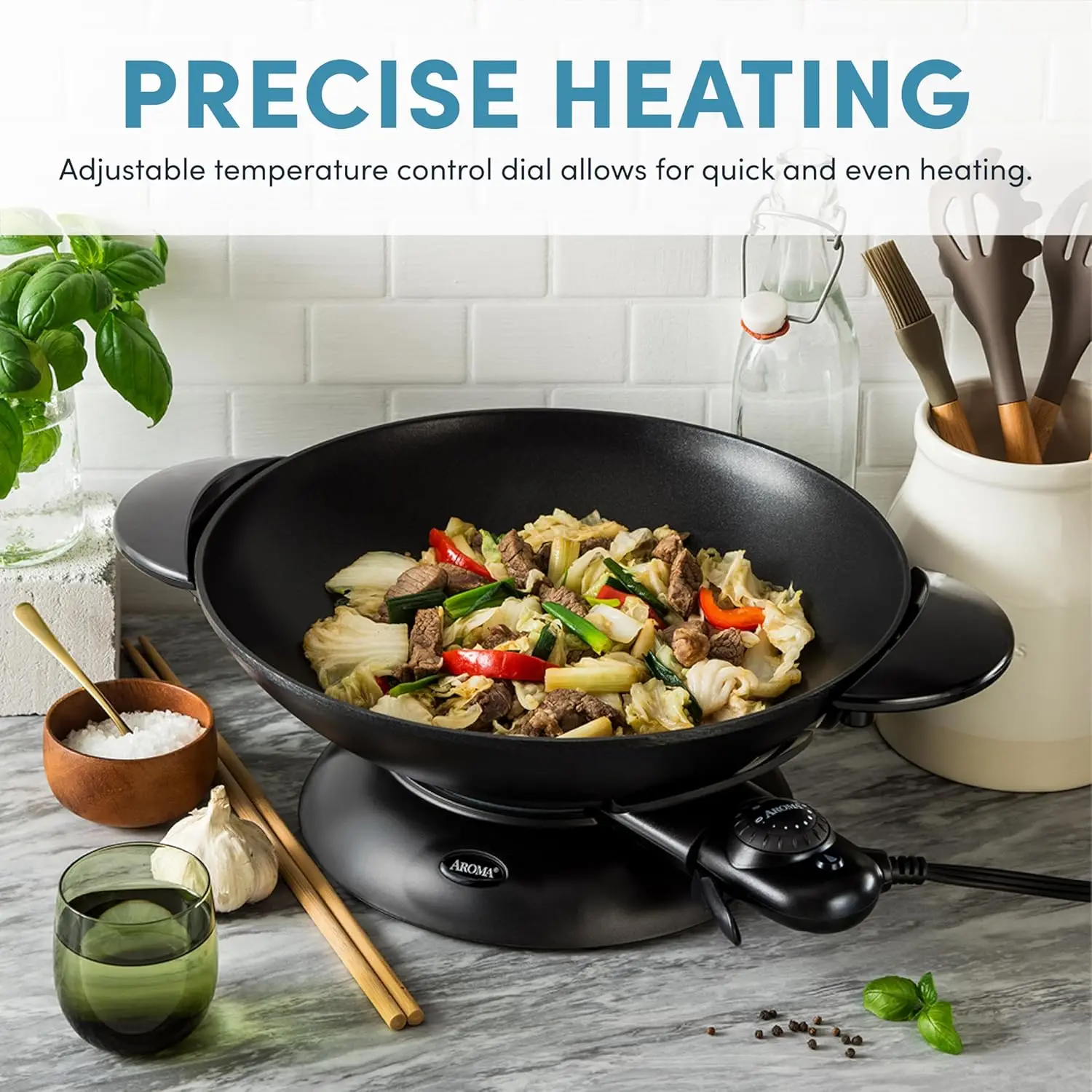 Housewares AEW-306 Electric Wok with Tempered Glass Lid Easy Clean Nonstick, Cooking Chopsticks, Tempura and Steaming Rack 3
