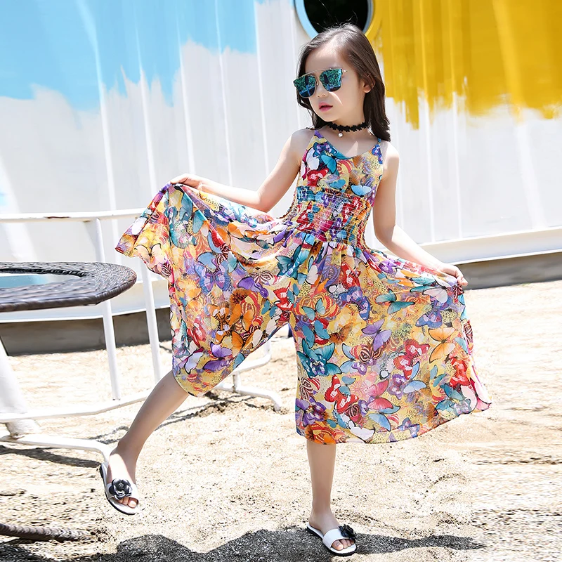 Girls Flower Bohemian Summer Dress ChildKids Girl Beach Dresses Chiffon Dresses Floral Teenager Girl's Clothes 6 8 10 12 14 Year